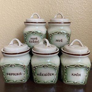 Vintage Ditman Urbach Czechoslovakia Stoneware Spice Jars Cream Green Set of 5